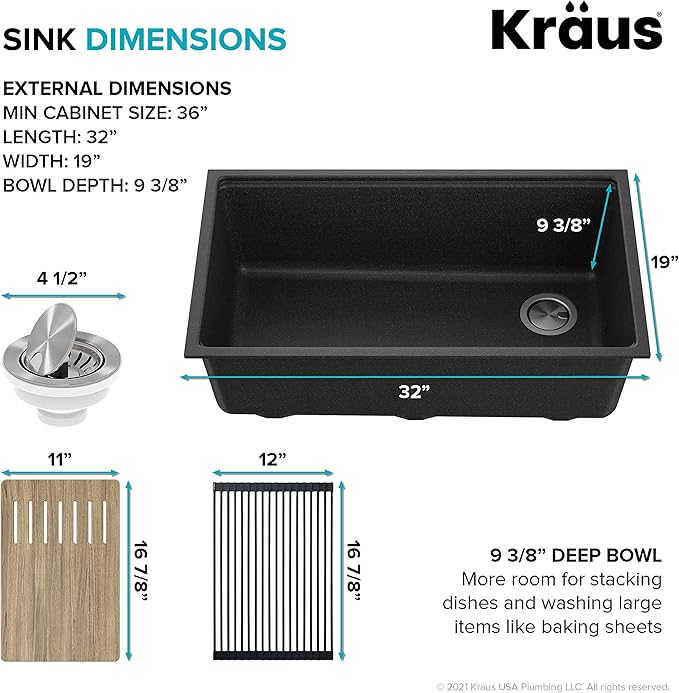 Kraus KGUW2-33MB-100-100, Bellucci Workstation 32 in. Undermount Granite Composite Single Bowl Kitchen Sink in Metallic Black with WasteGuard 1 HP Continuous Feed Garbage Disposal and Accessories