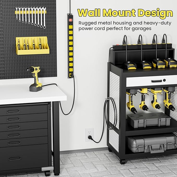 10 Outlet Metal Power Strip with 2100J Surge Protector, Heavy Duty 10FT Extension Cord, Wide Spaced Outlets and Wall Mount for Garage, Workshop, Industrial, Home (10ft)