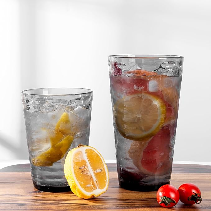 14-ounce and 20-ounce Plastic Tumblers, Acrylic Drinking Glasses, set of 8 Gray Reusable Plastic Cups, Stackable, BPA-Free, Shatter-Proof, Dishwasher-Safe