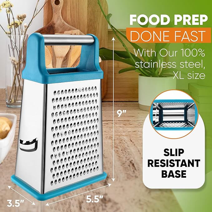 Spring Chef Handheld Stainless Steel XL Parmesan Cheese Grater with Handle - 4 Sided Metal Box Grater for Kitchen - Dishwasher Safe Potato Shredder for Hash Browns, Potato, Carrot, Vegetables - Teal