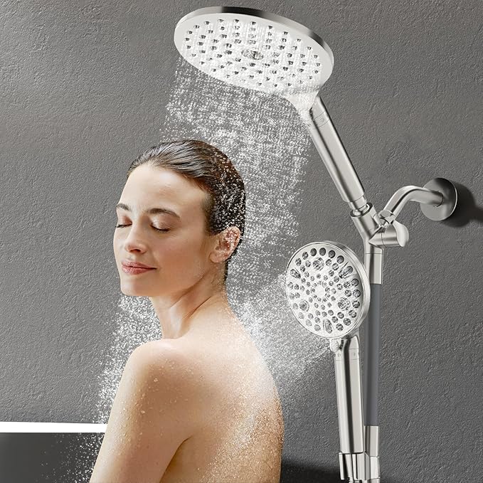 Filtered Rainfall Shower Head with Handheld Spray Combo, Dual Shower Head Combo High Pressure, Double Sprayer Filter Shower Head with Extra Long Hose & Adjustable Shower Arm (Brushed Nickel)