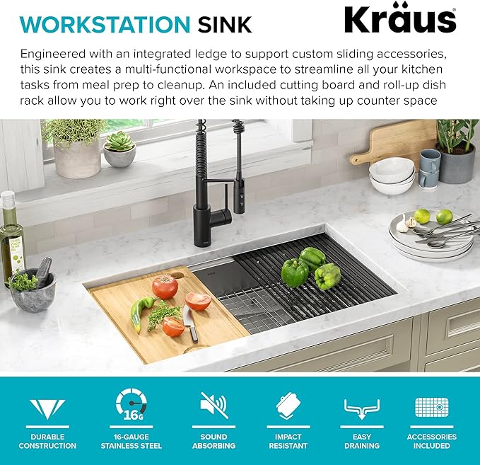 KRAUS Kore ADA Workstation 32-inch Undermount 16 Gauge Stainless Steel Kitchen Sink, Single Bowl Kitchen Sink with Accessories, KWU110-32/5.5