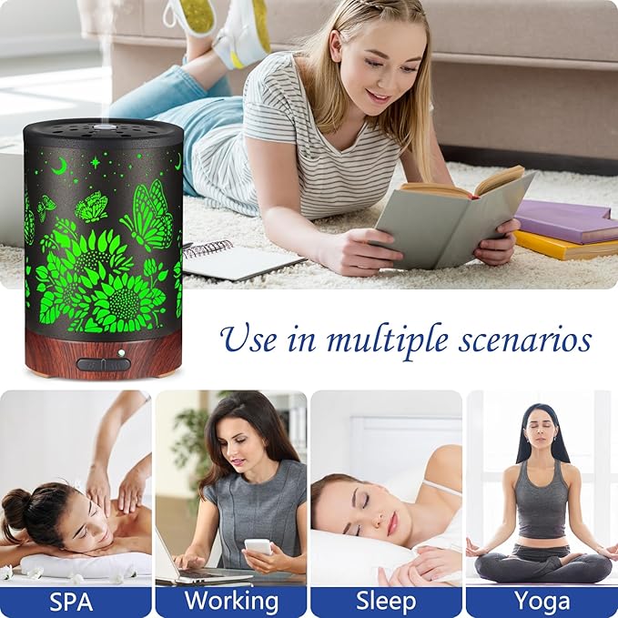 Essential Oil Diffuser- Aromatherapy Diffuser with7 Colors Light and Auto-Off for Women Metal Cool Mist Humidifier for Home and Office for Mom Women(Sunflower + Butterfly)