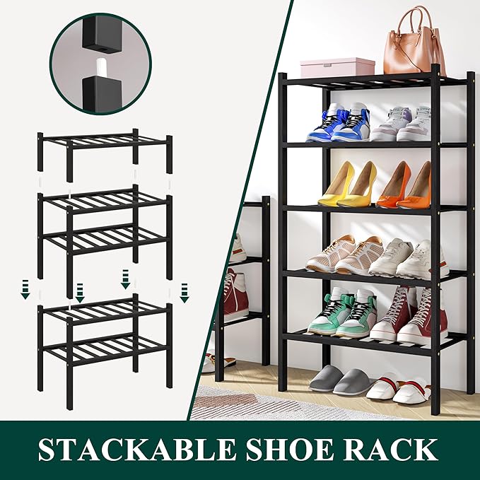 Smiry Shoe Rack, 3 Tier Small Bamboo Shoe Organizer, Stackable Free Standing Wooden Shoe Storage Shelf for Closet, Entryway, Front Door Entrance, Black