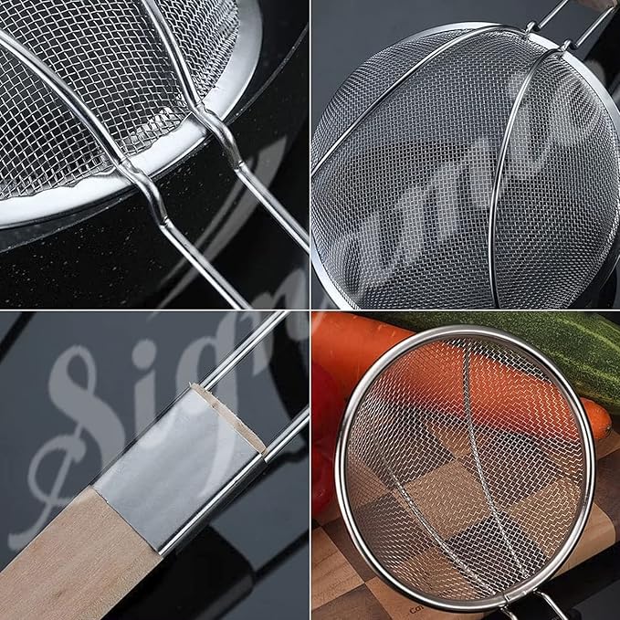 16 Inch Stainless Steel Deep Fry Net Spoon Oil Strainer - Puri & Poori Strainer Kitchen Utensil for Frying, Cooking & Straining Tool with Wood Handle