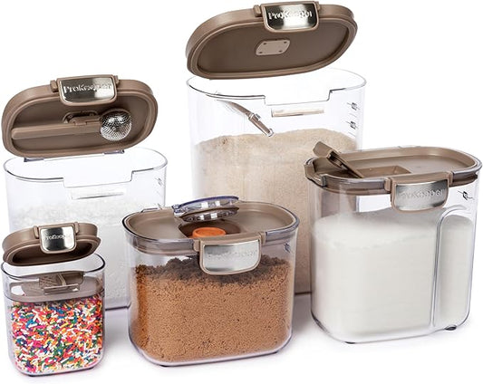 ProKeeper+ 9-Piece Airtight Food Storage Container Set β Clear Plastic Flour and Sugar Canister Set with Magnetic Accessories for Kitchen Organization (Taupe, 9-Piece)