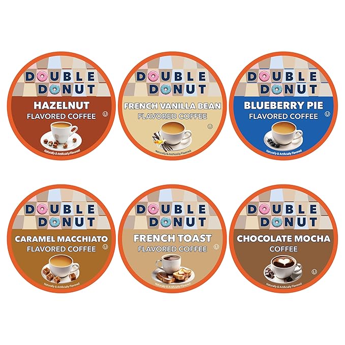 Double Donut Coffee Variety Pack Assorted Medium Roast, Dark Roast & Flavored Coffee in Recyclable Single Serve Cup, 66 Count