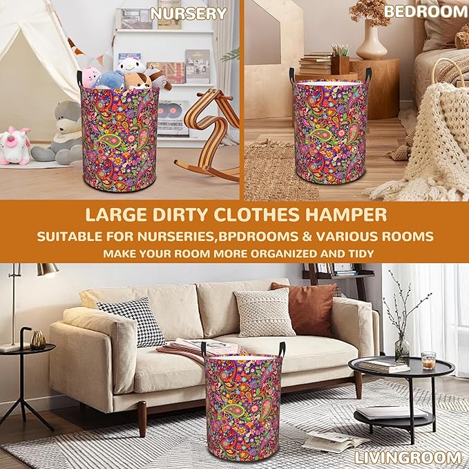 Boho Hippie Flowers Laundry Basket,Vivid Peace Foldable Laundry Hamper Waterproof Oxford Cloth Tote Bag,Clothes Storage Bucket Decorative Toy Organizer For Bathroom Bedroom 16" x 20"