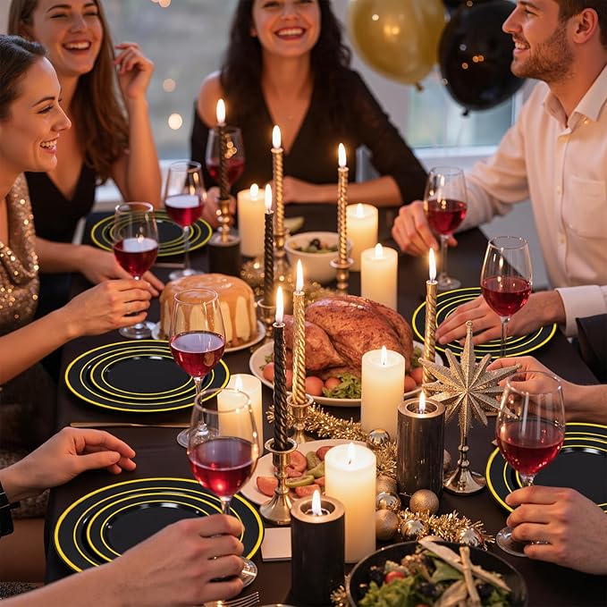 WDF 200PCS Black and Gold Plastic Plates - Black Plates Disposable for Party - Heavy Duty Plastic Plate for New Year