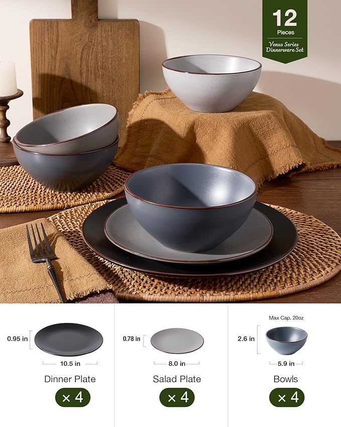 Famiware Venus Plates and Bowls Sets, 12 Pieces Stoneware Speckled Dinnerware Sets, Dishes Set for 4, Microwave and Dishwasher Safe, Matte Multi-color