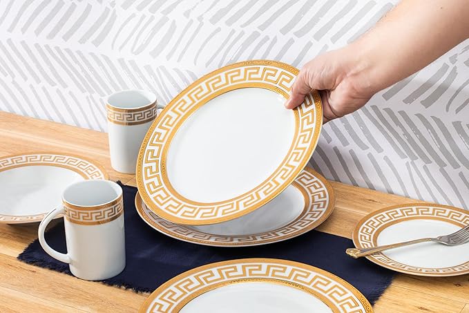 60 Piece Porcelain Dinnerware Sets – Service for 12 Plates, Mugs, Bowls – White with Gold Greek Key Design Dish Set for Kitchen Table, Everyday Dining or Formal Occasions (Meander Gold)
