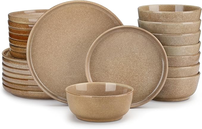 vancasso ANYA 24 Pieces Plates and Bowls Set, Caramel Dinnerware Sets, Reactive Glaze Dishes Set for 8, Ceramic Dishware Sets Kitchen Dinner Set, Microwave & Dishwasher Safe