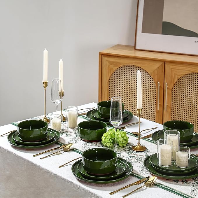 GZG Modern Art Series - 24 Pcs Speckled Stoneware Plates and Bowls Sets, Ceramic Dinnerware Set with Rustic Terracotta Underside, Microwave and Dishwasher Safe Handcrafted Dishes Set - Verdant Green