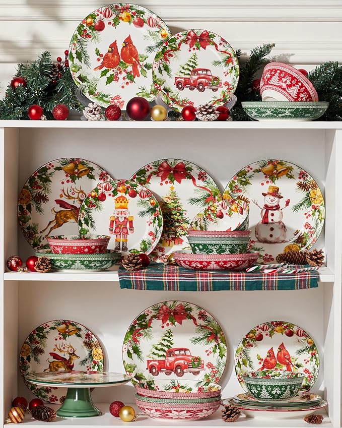 Christmas Salad Plates, 8 Inch Ceramic Plate Set, Appetizer Dishes for Pasta, Side Dishes, Holiday Treats, Dishwasher & Microwave Safe, Set of 6