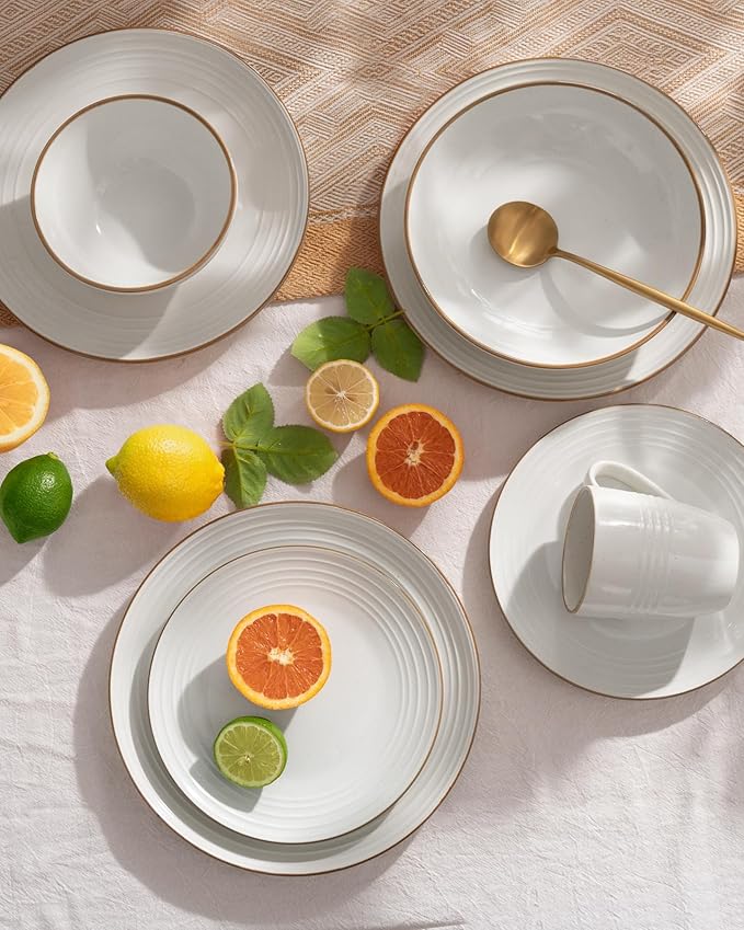 Famiware Jupiter Dinnerware Set, Plates and Bowls Dish Sets for 4 (12 Pieces), Microwave and Dishwasher Safe Stoneware Speckled Tableware, Chip and Scratch Resistant, White