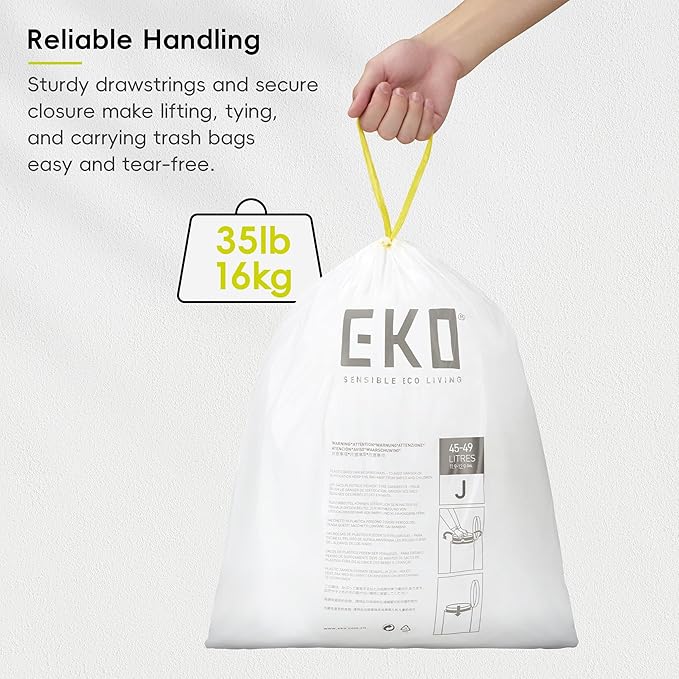 EKO 12.9 Gallon / 45-49 Liter, 110 Count Drawstring Trash Bags, Extra-Strong Unscented Garbage Bags, Easy-Dispense Roll for Kitchen & Household Use, Resists Tears, Leaks and Punctures, Code J, White