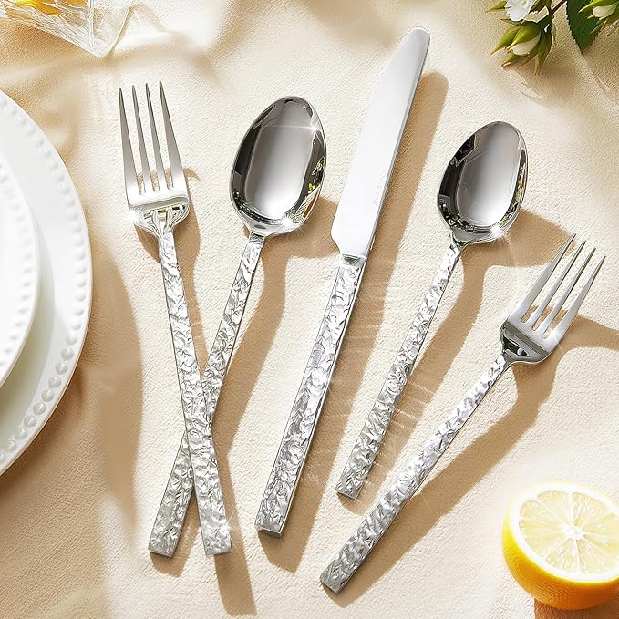 KINGSTONE 60 Pcs Hammered Silverware Set for 12, 18/10 Stainless Steel Heavy Duty Flatware Set, Tableware Cutlery Utensil Sets for Home Restaurant Dishwasher Safe