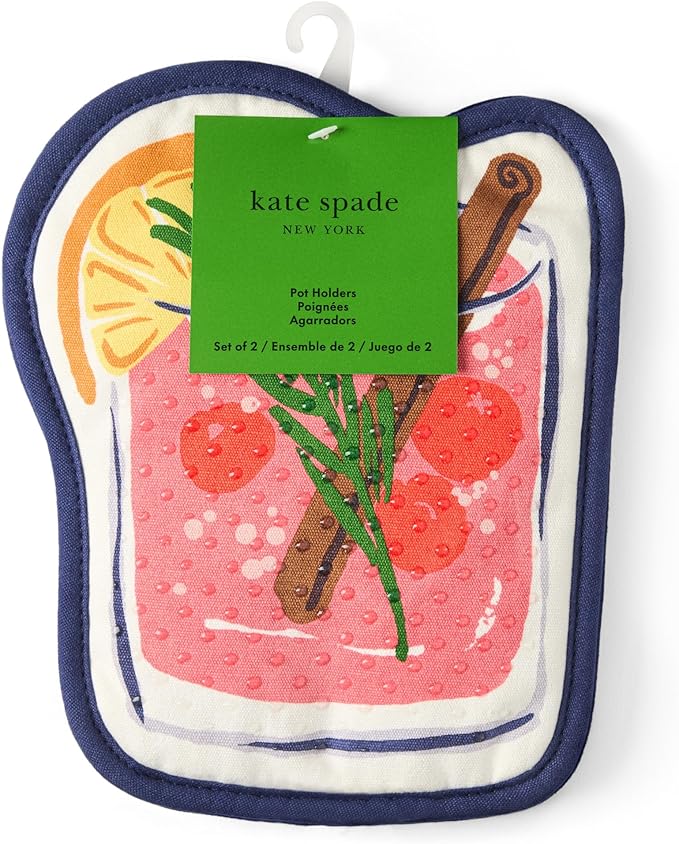 Kate Spade New York Festive Cocktail Heat Resistant, 100% Cotton with Hanging Loop, Slip Resistant Pot Holder 2-Pack Set, Pink/Navy Blue, 8"x6.5"