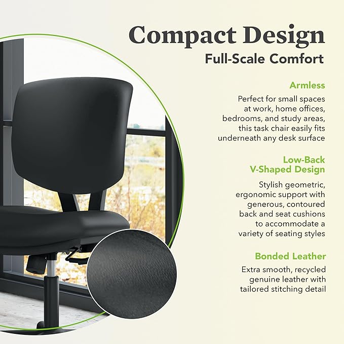HON Volt Armless Office Desk Chair Comfy, Ergonomic Recline, Softhread Leather Back Seat, Swivel Desk Chair, Black