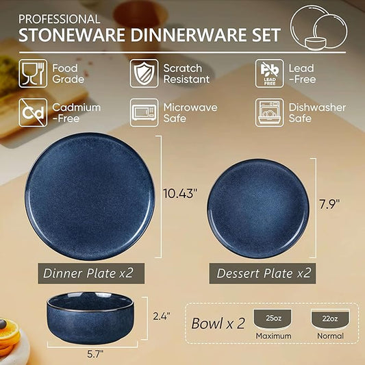 Herogo 6 Pieces Stoneware Dinnerware Sets Service for 2, Dinner Plates and Bowls Sets, Double Reactive Glaze Dishes Set for Kitchen, Scratch Resistant, Microwave & Dishwasher Safe, Starry Blue
