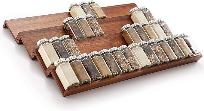 Tinamo Acacia Wooden Spice Rack Organizer for Cabinet - Spice Drawer Insert, Spice Organization for Cabinet, Seasoning Organizer, 4-Tier Spice Jar Rack for Drawer, Spice Holder Pack of 8 (64 Jars)