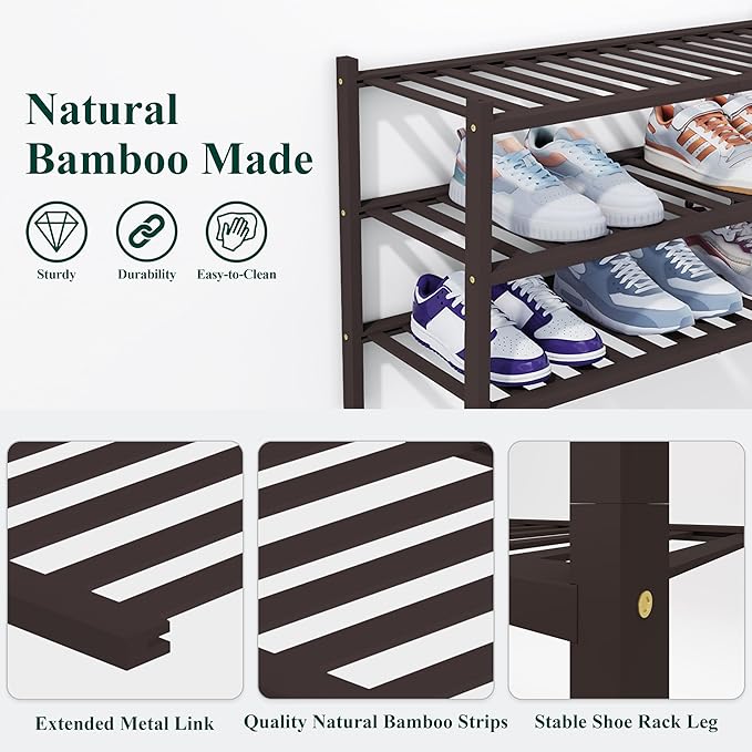 Smiry Shoe Rack, 2 Tier Thick Bamboo Shoe Organizer, Stackable Free Standing Wooden Shoe Storage Shelf for Closet, Entryway, Front Door Entrance, Brown