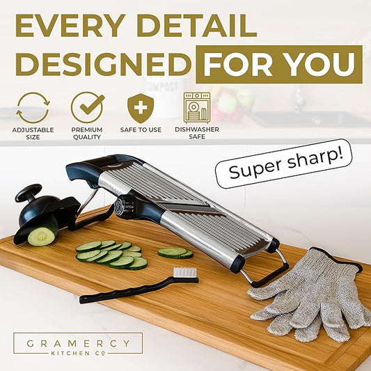 Gramercy Adjustable Mandoline Food Slicer, Mandoline Slicer for Kitchen, Mandolin, Potato, Tomato, Carrot, Vegetable, Fruit and Onion Cutter - Stainless Steel - INCLUDING 1 Pair Cut-Resistant Gloves