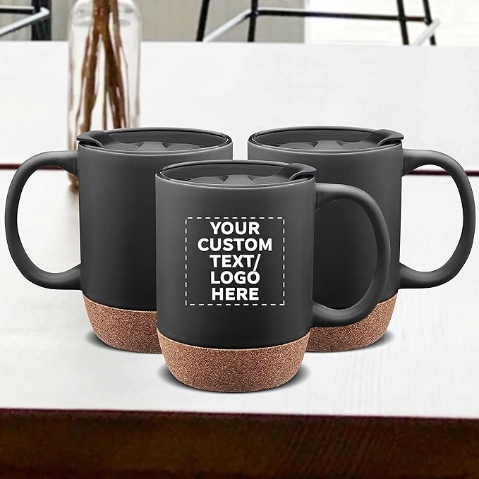 Custom Barista Ceramic Mugs with Cork Bottom 13 oz. Set of 36, Personalized Bulk Pack - Perfect for Coffee, Tea, Espresso, Hot Cocoa, Other Beverages - Black