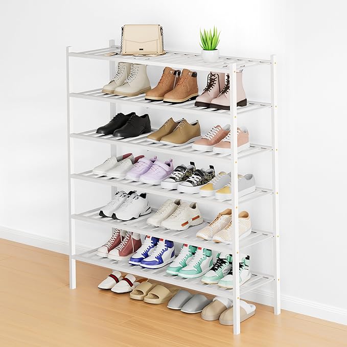 Smiry Shoe Rack, 6 Tier Long Bamboo Shoe Organizer, Stackable Free Standing Wooden Shoe Storage Shelf for Closet, Entryway, Front Door Entrance, White