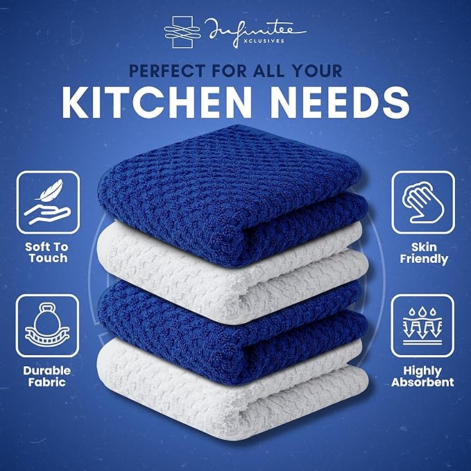 Infinitee Xclusives Premium Dish Cloth 100% Cotton 12 x 12 Inches |Pack of 4| - Ultra Soft Tea Towels - Highly Absorbent Kitchen Rags - Terry Dishcloth for Kitchen and Household Cleaning |Mighty Blue|