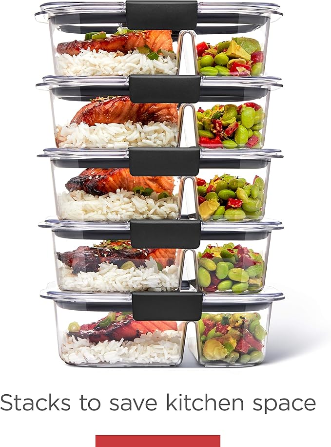 Rubbermaid Brilliance Meal Prep Containers, 2-Compartment Food Storage Containers, 2.85 Cup, 5-Pack, BPA-Free, Clear/Grey