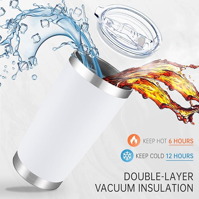 20 oz Tumblers Bulk Stainless Steel Tumbler with Lid Double Wall Vacuum Insulated Coffee Mug 20oz Powder Coated Cup for Hot and Cold Drinks, White, 6 pack