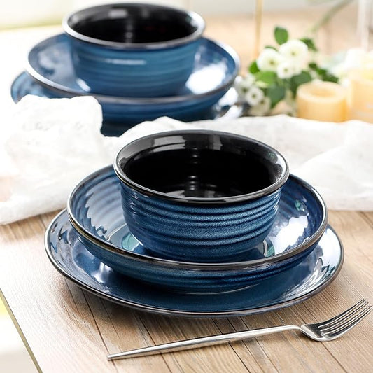 Hasense Ceramic Dinnerware Set, 12 Pieces Handmade Reactive Glaze Plate and Bowls Set of 4 (Plates, Pasta Dish, Cereal Bowls), Chip and Scratch Resistant Dinner Dishes Service, Navy Blue