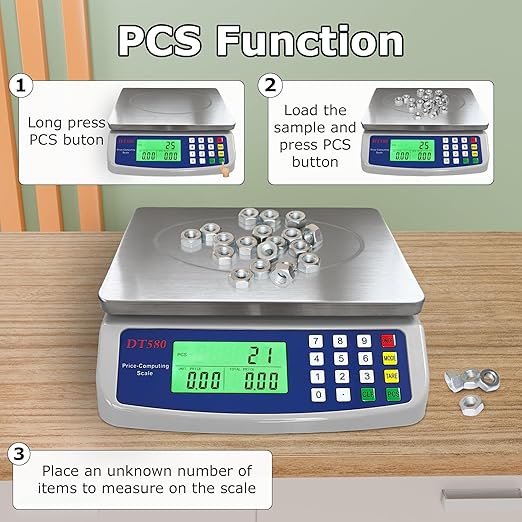 Large Digital Kitchen Scale 40kg/88lb Stainless Steel Price Computing Scale Counting Scale Deli Scale with LCD Display for Baking Bread Cooking Meat Prep Parts and Coins Adapter Included