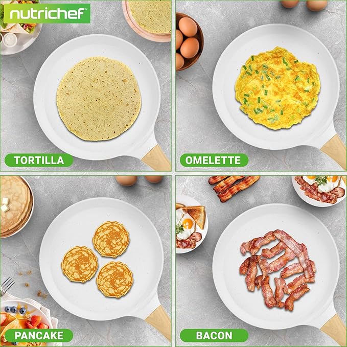 Nutrichef 2-Pack Non-Stick Crepe Pan Set – 11” Marble Coated Dosa Pans with Wooden Spreaders, Bakelite and Wood Handles, Induction-Compatible, Easy-to-Clean, Stain-Resistant, White Cream Marble