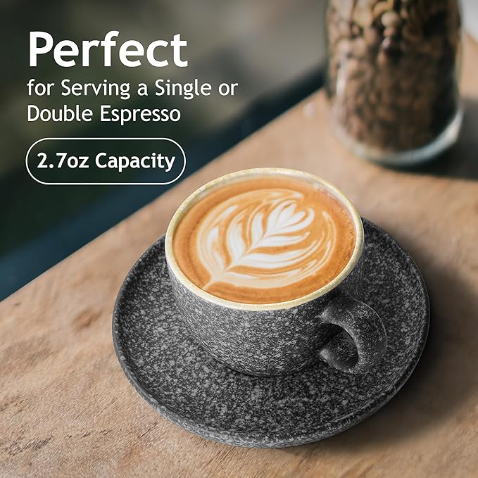 MIAMIO β 2.7 Oz Ceramic Stackable Espresso Cups with Saucers and Metal Stand, Set of 6 Espresso Cup, Demitasse Cups, Coffee Mugs for Espresso, Latte, CafΓ© Mocha & Tea β Las Palmitas Collection
