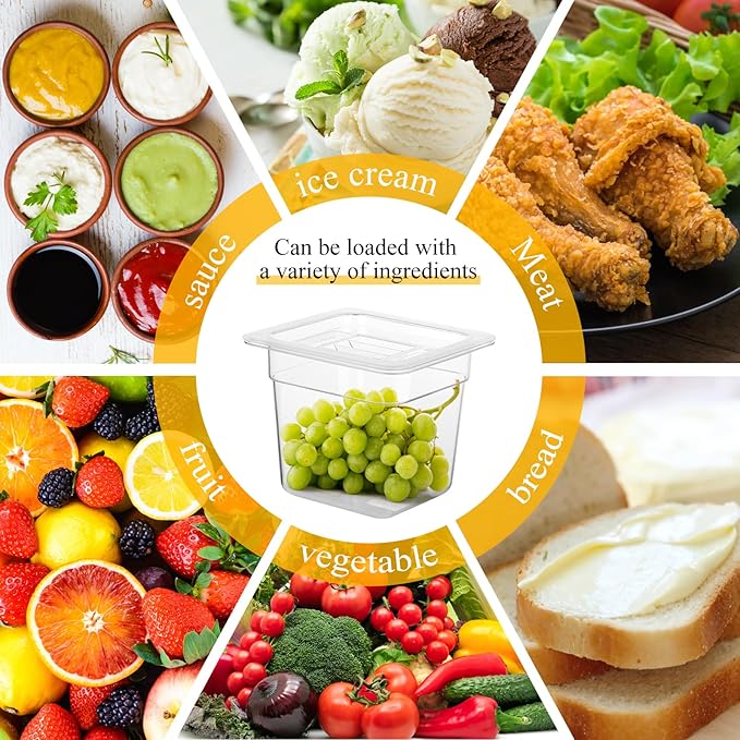 6 Pack Plastic Food Pans with Lids 1/6 Size 6'' Deep Restaurant Food Containers Stackable Clear Polycarbonate Commercial Hotel Pans with 1 Plastic Spoon for Fruits Vegetables