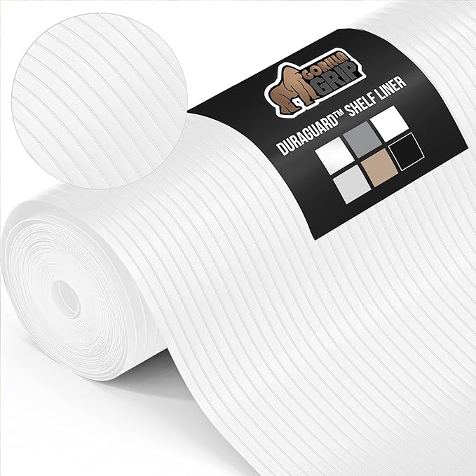 GORILLA GRIP DuraGuard Shelf Liner, Non-Adhesive Cabinet Liners for Kitchen Drawers, Shelves, Refrigerator, Pantry Storage, Bathroom Closet, Durable Waterproof BPA Free Ribbed Plastic, 12x20 White