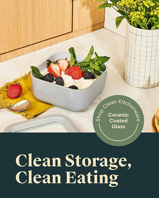 Caraway 6pc Glass Food Storage Set β 4.4 Cup Food Containers (6) - Ceramic Coated - Non Toxic, Non Stick with Lids - Microwave Safe - Gray