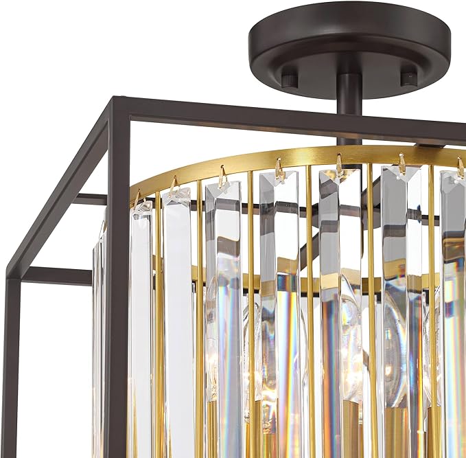 Possini Euro Design Milne 14" Modern Semi Flush-Mount Ceiling Light Fixture Kitchen Foyer Hallway Round 4-Light Brown Bronze and Brass Finish Crystal Bedroom Bathroom Entryway Living Room Small