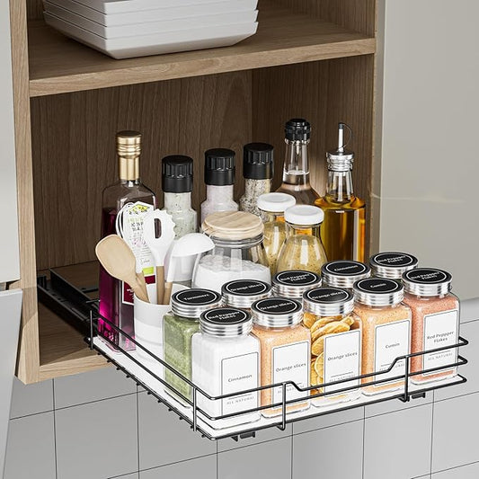 Pull Out Spice Rack, Slide Out Spice Rack for Cabinet, Spice Organizer for Kitchen and Pantry, Fits Spices, Sauces, Canned Food (10.5''Wx10.5''Dx2.5''H)