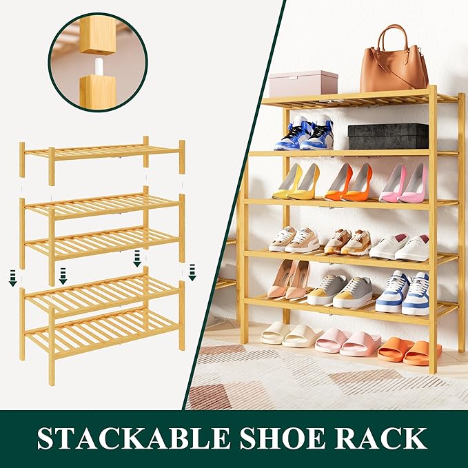 Smiry Shoe Rack, 2 Tier Thick Bamboo Shoe Organizer, Stackable Free Standing Wooden Shoe Storage Shelf for Closet, Entryway, Front Door Entrance, Natural
