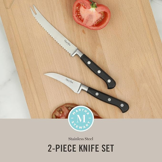 Martha Stewart Carverton 2 Piece Set 5" Tomato Knife and 3" Bird's Beak Knife Set, High Carbon Stainless Steel Kitchen Knives w/Black Triple Riveted Handle