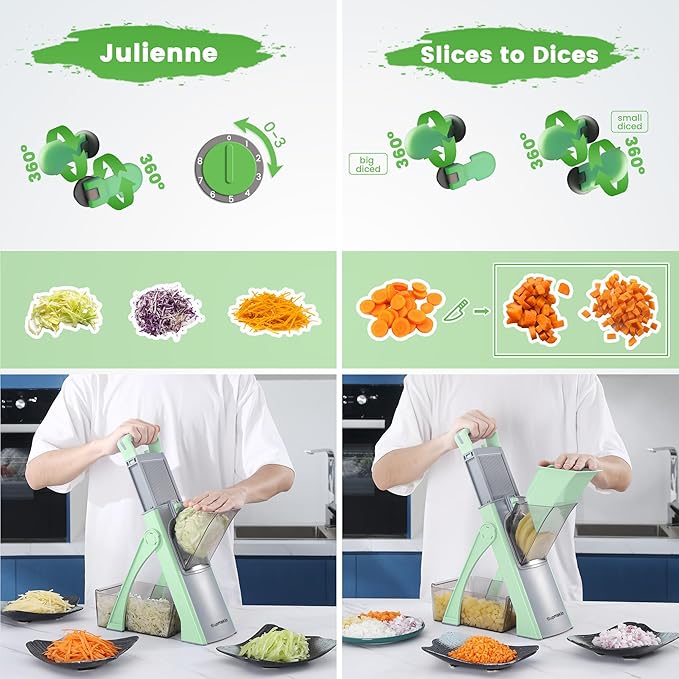 Upgrade Safe Mandoline Slicer for Kitchen, SupMaKin Bigger Entrance Vegetable Food Slice Potato Slicer Chopper, Adjustable Thickness Multi Mandolin, Julienne + Dicer Kitchen Must Haves Green