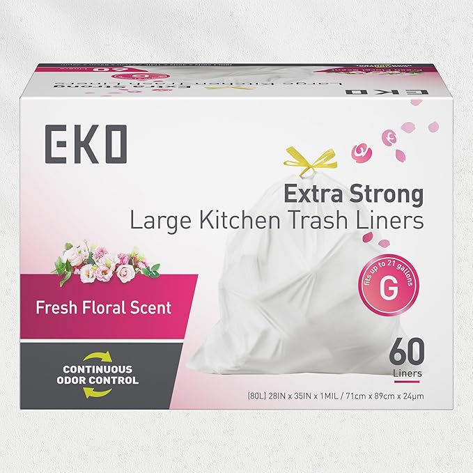 EKO 21 Gallon / 50-90 Liter, 60 Count Drawstring Trash Bags, Extra-Strong Garbage Bags, Fresh Floral Scent with Continuous Odor Control, Easy-Dispense Roll for Kitchen and Household Use, Code G, White