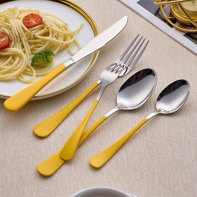20-Piece Yellow Silverware Set 18/0 Stainless Steel Silverware Set Yellow Handle Cutlery Set Service for 4 Dinner Knives Forks Spoons Set Flatware Set Finish Dishwasher Safe