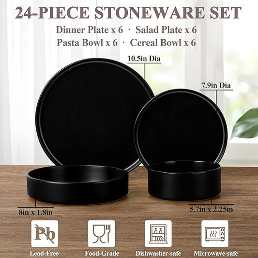 Herogo Dinnerware Sets with Pasta Bowls for 6, 24 Piece Dinner Salad Plates and Cereal Serving Bowls, Stoneware Dishes Dinner Ware for Home Kitchen, Dishwasher & Microwave Safe, Matte Black
