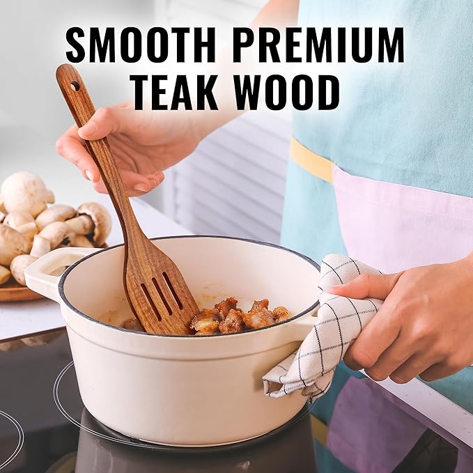 Zulay Kitchen Teak Wood Slotted Spatula – Durable & Heat-Resistant Cooking Utensil for Non-Stick Pans – Wooden Turner for Stirring, Flipping & Serving - Brown