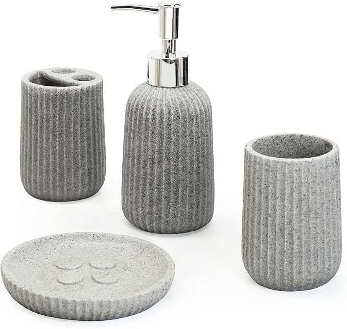 4-Piece Bathroom Accessory Set - Modern Resin & Sandstone Collection - Includes Soap Dispenser 8.5oz, Toothbrush Holder, Tumbler, Soap Dish (Grey)