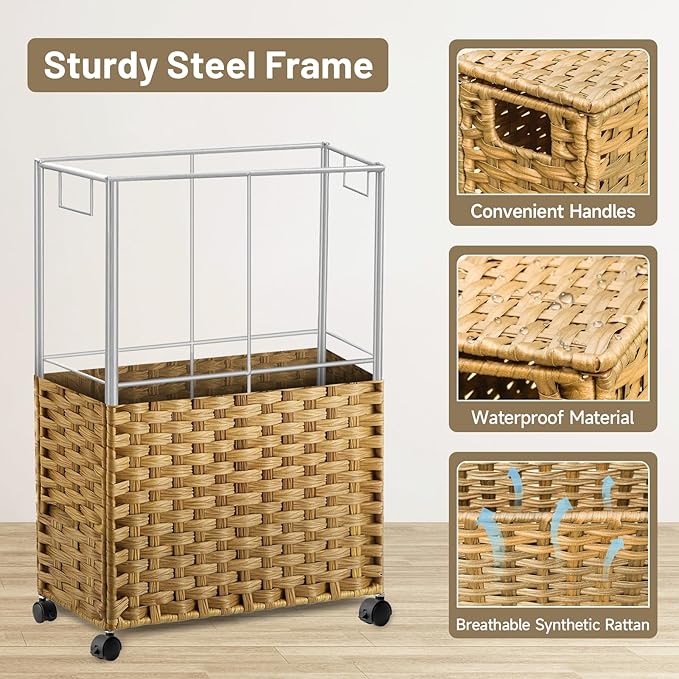 70L Slim Laundry Hamper with Lid & Wheels, 2-Park Rolling Laundry Basket with 4 Removable Liner Bags & 3 Mesh Bags, Narrow Dirty Clothes Basket, Foldable Handwoven Rattan Laundry Sorter, Natural